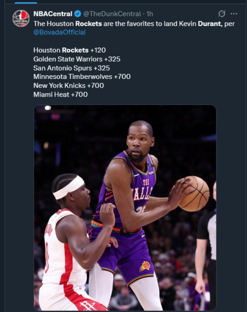 難道說？美媒曬杜蘭特下家賠率，火箭大幅度領跑！
